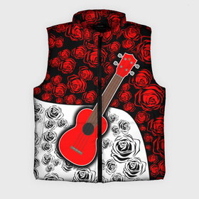 Мужской жилет утепленный 3D с принтом Гитара   Розы   Контраст ,  |  | гитара | для друга | музыкальный инструмент | огонь | подарок | розый | струны | укулеле | цветы | черный