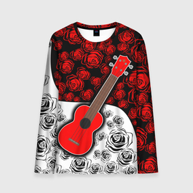 Мужской лонгслив 3D с принтом Гитара   Розы   Контраст в Тюмени, 100% полиэстер | длинные рукава, круглый вырез горловины, полуприлегающий силуэт | гитара | для друга | музыкальный инструмент | огонь | подарок | розый | струны | укулеле | цветы | черный