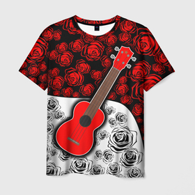 Мужская футболка 3D с принтом Гитара   Розы   Контраст в Тюмени, 100% полиэфир | прямой крой, круглый вырез горловины, длина до линии бедер | гитара | для друга | музыкальный инструмент | огонь | подарок | розый | струны | укулеле | цветы | черный