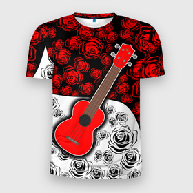 Мужская футболка 3D Slim с принтом Гитара   Розы   Контраст , 100% полиэстер с улучшенными характеристиками | приталенный силуэт, круглая горловина, широкие плечи, сужается к линии бедра | гитара | для друга | музыкальный инструмент | огонь | подарок | розый | струны | укулеле | цветы | черный