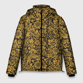 Мужская зимняя куртка 3D с принтом Золотые Цветы (хохлома) в Екатеринбурге, верх — 100% полиэстер; подкладка — 100% полиэстер; утеплитель — 100% полиэстер | длина ниже бедра, свободный силуэт Оверсайз. Есть воротник-стойка, отстегивающийся капюшон и ветрозащитная планка. 

Боковые карманы с листочкой на кнопках и внутренний карман на молнии. | арабеска | аромат | букет | вышивка | жар птица | запах | искусство | кострома | красота | ложки | матрёшка | обережная вышивка | орнамент | рисунок | розы | романтика | ромашки | роспись | русь