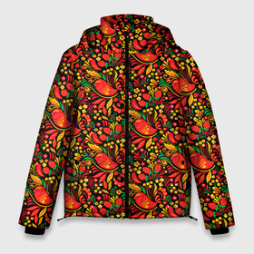 Мужская зимняя куртка 3D с принтом Желтые и красные цветы, птицы и ягоды (хохлома) в Екатеринбурге, верх — 100% полиэстер; подкладка — 100% полиэстер; утеплитель — 100% полиэстер | длина ниже бедра, свободный силуэт Оверсайз. Есть воротник-стойка, отстегивающийся капюшон и ветрозащитная планка. 

Боковые карманы с листочкой на кнопках и внутренний карман на молнии. | арабеска | аромат | букет | жар птица | искусство | кострома | красота | ландшафтный дизайнер | ложки | любовь | матрёшка | орнамент | рисунок | романтика | роспись | русь | садовник | самовар