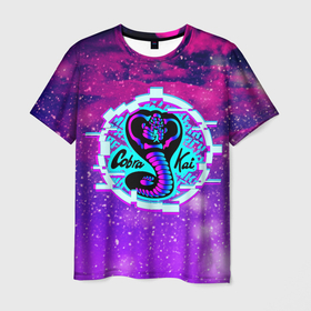 Мужская футболка 3D с принтом Кобра Кай 2022 , 100% полиэфир | прямой крой, круглый вырез горловины, длина до линии бедер | cobraka | mercy | арт | змея | кобра кай | луна | небо | неоновый | розовый закат | фильм | яд
