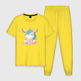 Мужская пижама хлопок с принтом Маленький милый единорог в Тюмени, 100% хлопок | брюки и футболка прямого кроя, без карманов, на брюках мягкая резинка на поясе и по низу штанин
 | единорог | единороги | милый | пони | радуга | разноцветный