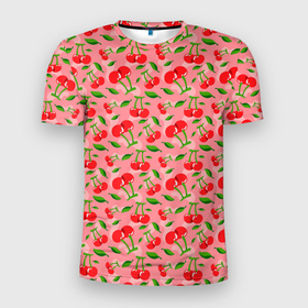 Мужская футболка 3D Slim с принтом Вишня  Черешня паттерн в Петрозаводске, 100% полиэстер с улучшенными характеристиками | приталенный силуэт, круглая горловина, широкие плечи, сужается к линии бедра | вишневый | вишняк | лето | паттерн | черешня | ягоды
