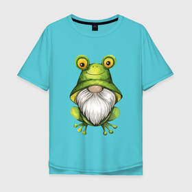 Мужская футболка хлопок Oversize с принтом Гном   лягушонок в Санкт-Петербурге, 100% хлопок | свободный крой, круглый ворот, “спинка” длиннее передней части | Тематика изображения на принте: гном | гномик | детский | жаба | лягушка