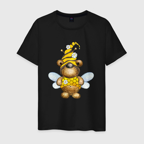 Мужская футболка хлопок с принтом Медвежонок в костюме пчелы в Белгороде, 100% хлопок | прямой крой, круглый вырез горловины, длина до линии бедер, слегка спущенное плечо. | Тематика изображения на принте: костюм пчелы | медведь | медвежонок | милый | плеча | пчелы