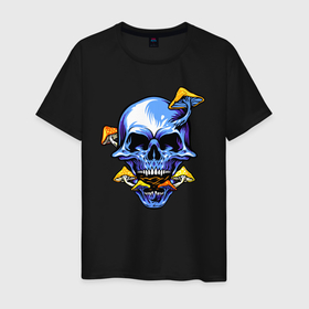 Мужская футболка хлопок с принтом Skull  Mushrooms в Санкт-Петербурге, 100% хлопок | прямой крой, круглый вырез горловины, длина до линии бедер, слегка спущенное плечо. | hype | jaw | mushrooms | orbits | skull | teeth | глазницы | грибы | зубы | пасть | хайп | череп