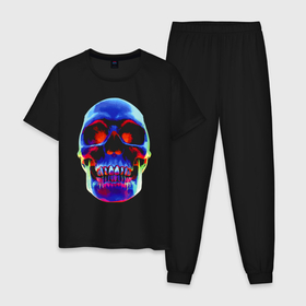Мужская пижама хлопок с принтом Cool neon skull , 100% хлопок | брюки и футболка прямого кроя, без карманов, на брюках мягкая резинка на поясе и по низу штанин
 | color | hype | jaw | neon | orbits | skull | teeth | зубы | неон | пасть | хайп | цвет | череп