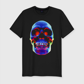 Мужская футболка хлопок Slim с принтом Cool neon skull в Белгороде, 92% хлопок, 8% лайкра | приталенный силуэт, круглый вырез ворота, длина до линии бедра, короткий рукав | color | hype | jaw | neon | orbits | skull | teeth | зубы | неон | пасть | хайп | цвет | череп