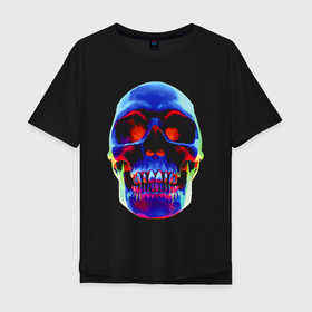Мужская футболка хлопок Oversize с принтом Cool neon skull , 100% хлопок | свободный крой, круглый ворот, “спинка” длиннее передней части | Тематика изображения на принте: color | hype | jaw | neon | orbits | skull | teeth | зубы | неон | пасть | хайп | цвет | череп