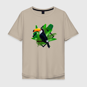 Мужская футболка хлопок Oversize с принтом Тукан в листьях в Курске, 100% хлопок | свободный крой, круглый ворот, “спинка” длиннее передней части | африка | листья | птицы | растения | тукан