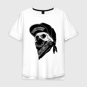 Мужская футболка хлопок Oversize с принтом Hardcore alive в Петрозаводске, 100% хлопок | свободный крой, круглый ворот, “спинка” длиннее передней части | bandana | baseball cap | hardcore | hype | music | orbits | skull | бандана | бейсболка | музыка | хайп | череп