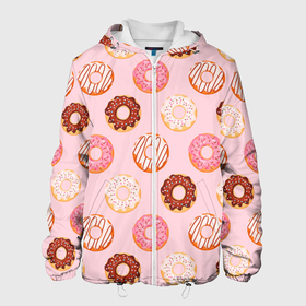 Мужская куртка 3D с принтом Pink donuts в Новосибирске, ткань верха — 100% полиэстер, подклад — флис | прямой крой, подол и капюшон оформлены резинкой с фиксаторами, два кармана без застежек по бокам, один большой потайной карман на груди. Карман на груди застегивается на липучку | confetti | donut | donuts | glaze | pink | powder | shugar | sweet | глазурь | конфетти | пончик | пончики | пудра | розовый | сахар | сладкий