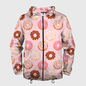Мужская ветровка 3D с принтом Pink donuts в Кировске, 100% полиэстер | подол и капюшон оформлены резинкой с фиксаторами, два кармана без застежек по бокам, один потайной карман на груди | confetti | donut | donuts | glaze | pink | powder | shugar | sweet | глазурь | конфетти | пончик | пончики | пудра | розовый | сахар | сладкий