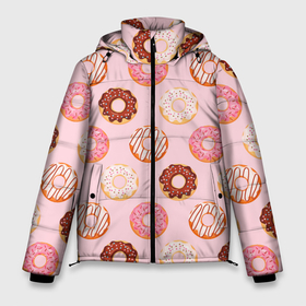 Мужская зимняя куртка 3D с принтом Pink donuts в Санкт-Петербурге, верх — 100% полиэстер; подкладка — 100% полиэстер; утеплитель — 100% полиэстер | длина ниже бедра, свободный силуэт Оверсайз. Есть воротник-стойка, отстегивающийся капюшон и ветрозащитная планка. 

Боковые карманы с листочкой на кнопках и внутренний карман на молнии. | Тематика изображения на принте: confetti | donut | donuts | glaze | pink | powder | shugar | sweet | глазурь | конфетти | пончик | пончики | пудра | розовый | сахар | сладкий