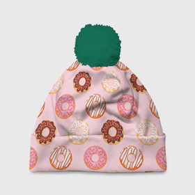 Шапка 3D c помпоном с принтом Pink donuts в Санкт-Петербурге, 100% полиэстер | универсальный размер, печать по всей поверхности изделия | confetti | donut | donuts | glaze | pink | powder | shugar | sweet | глазурь | конфетти | пончик | пончики | пудра | розовый | сахар | сладкий