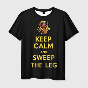 Мужская футболка 3D с принтом Keep calm and sweep the leg в Новосибирске, 100% полиэфир | прямой крой, круглый вырез горловины, длина до линии бедер | american | cobra kai | emblem | karate | keep calm and sweep the leg | logo | martial arts | royal slogan | snake | television series | американский | боевые искусства | змея | карате | кобра кай | королевский девиз | логотип | телесериал | 