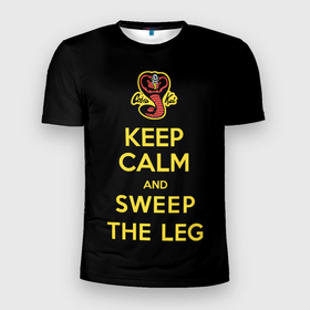 Мужская футболка 3D Slim с принтом Keep calm and sweep the leg в Петрозаводске, 100% полиэстер с улучшенными характеристиками | приталенный силуэт, круглая горловина, широкие плечи, сужается к линии бедра | american | cobra kai | emblem | karate | keep calm and sweep the leg | logo | martial arts | royal slogan | snake | television series | американский | боевые искусства | змея | карате | кобра кай | королевский девиз | логотип | телесериал | 