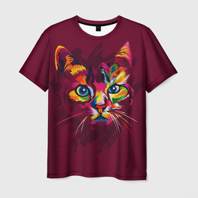 Мужская футболка 3D с принтом Кошечка в ярких красках в Белгороде, 100% полиэфир | прямой крой, круглый вырез горловины, длина до линии бедер | животное | звери | кот | котэ | кошка | поп арт | яркое