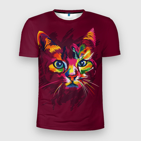 Мужская футболка 3D Slim с принтом Кошечка в ярких красках в Белгороде, 100% полиэстер с улучшенными характеристиками | приталенный силуэт, круглая горловина, широкие плечи, сужается к линии бедра | животное | звери | кот | котэ | кошка | поп арт | яркое