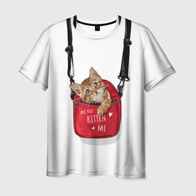 Мужская футболка 3D с принтом Карманный котенок в Санкт-Петербурге, 100% полиэфир | прямой крой, круглый вырез горловины, длина до линии бедер | животное | карман | кот | котенок | котэ | сумка