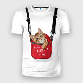 Мужская футболка 3D Slim с принтом Карманный котенок в Санкт-Петербурге, 100% полиэстер с улучшенными характеристиками | приталенный силуэт, круглая горловина, широкие плечи, сужается к линии бедра | животное | карман | кот | котенок | котэ | сумка