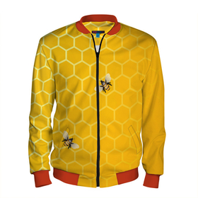 Мужской бомбер 3D с принтом Любишь мед, люби и пчелок в Екатеринбурге, 100% полиэстер | застегивается на молнию, по бокам два кармана без застежек, по низу бомбера и на воротнике - эластичная резинка | мед | насекомые | пчелки | пчелы | соты | шестиугольники