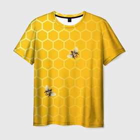 Мужская футболка 3D с принтом Любишь мед, люби и пчелок в Белгороде, 100% полиэфир | прямой крой, круглый вырез горловины, длина до линии бедер | мед | насекомые | пчелки | пчелы | соты | шестиугольники