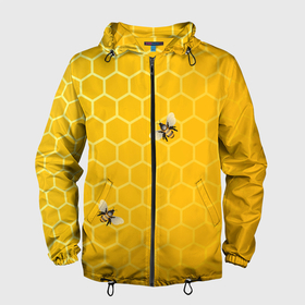 Мужская ветровка 3D с принтом Любишь мед, люби и пчелок в Белгороде, 100% полиэстер | подол и капюшон оформлены резинкой с фиксаторами, два кармана без застежек по бокам, один потайной карман на груди | Тематика изображения на принте: мед | насекомые | пчелки | пчелы | соты | шестиугольники