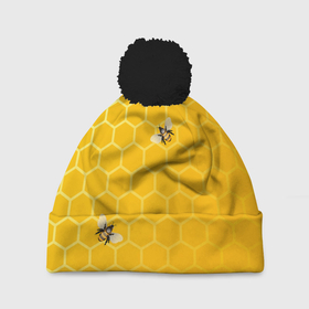 Шапка 3D c помпоном с принтом Любишь мед, люби и пчелок в Белгороде, 100% полиэстер | универсальный размер, печать по всей поверхности изделия | мед | насекомые | пчелки | пчелы | соты | шестиугольники
