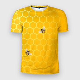 Мужская футболка 3D Slim с принтом Любишь мед, люби и пчелок в Белгороде, 100% полиэстер с улучшенными характеристиками | приталенный силуэт, круглая горловина, широкие плечи, сужается к линии бедра | мед | насекомые | пчелки | пчелы | соты | шестиугольники