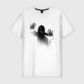 Мужская футболка хлопок Slim с принтом Страшная тень в Санкт-Петербурге, 92% хлопок, 8% лайкра | приталенный силуэт, круглый вырез ворота, длина до линии бедра, короткий рукав | женская фигура | мертвец | привидение | призрак | силуэт | тень | ужасы | хоррор