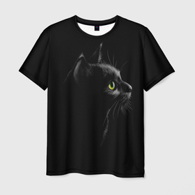 Мужская футболка 3D с принтом Черный кот на черном фоне в Санкт-Петербурге, 100% полиэфир | прямой крой, круглый вырез горловины, длина до линии бедер | животное | кот | котэ | кошка | мяу | черный кот