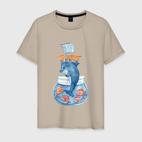 Мужская футболка хлопок с принтом Дельфин с морскими рыбками в Тюмени, 100% хлопок | прямой крой, круглый вырез горловины, длина до линии бедер, слегка спущенное плечо. | дельфин | море | морской | морской мир | океан | рыбки