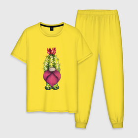 Мужская пижама хлопок с принтом Забавный гном   кактус в Кировске, 100% хлопок | брюки и футболка прямого кроя, без карманов, на брюках мягкая резинка на поясе и по низу штанин
 | гном | гномик | кактус | прикол | растение | цветок