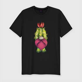 Мужская футболка хлопок Slim с принтом Забавный гном   кактус , 92% хлопок, 8% лайкра | приталенный силуэт, круглый вырез ворота, длина до линии бедра, короткий рукав | гном | гномик | кактус | прикол | растение | цветок