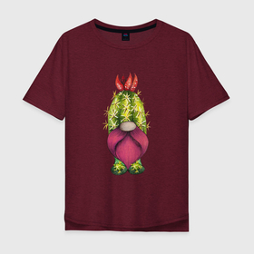 Мужская футболка хлопок Oversize с принтом Забавный гном   кактус в Белгороде, 100% хлопок | свободный крой, круглый ворот, “спинка” длиннее передней части | Тематика изображения на принте: гном | гномик | кактус | прикол | растение | цветок