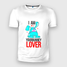 Мужская футболка 3D Slim с принтом Кролик любовник в Тюмени, 100% полиэстер с улучшенными характеристиками | приталенный силуэт, круглая горловина, широкие плечи, сужается к линии бедра | love | девушке | день святого валентина | парню | подарок | твой зайчик