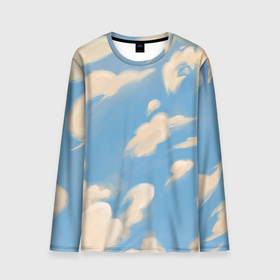 Мужской лонгслив 3D с принтом Рисунок голубого неба с облаками маслом в Тюмени, 100% полиэстер | длинные рукава, круглый вырез горловины, полуприлегающий силуэт | Тематика изображения на принте: ветер | иллюстрация | картина маслом | лето | небо | облака | облако | оранжевый | пейзаж | погода | природа | синий | страсть к путешествиям