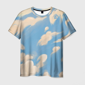 Мужская футболка 3D с принтом Рисунок голубого неба с облаками маслом в Кировске, 100% полиэфир | прямой крой, круглый вырез горловины, длина до линии бедер | ветер | иллюстрация | картина маслом | лето | небо | облака | облако | оранжевый | пейзаж | погода | природа | синий | страсть к путешествиям