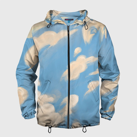 Мужская ветровка 3D с принтом Рисунок голубого неба с облаками маслом в Курске, 100% полиэстер | подол и капюшон оформлены резинкой с фиксаторами, два кармана без застежек по бокам, один потайной карман на груди | ветер | иллюстрация | картина маслом | лето | небо | облака | облако | оранжевый | пейзаж | погода | природа | синий | страсть к путешествиям