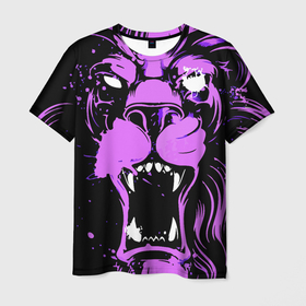 Мужская футболка 3D с принтом Neon pink lion в Екатеринбурге, 100% полиэфир | прямой крой, круглый вырез горловины, длина до линии бедер | fangs | jaw | lion | mane | muzzle | neon | nose | грива | клыки | лев | неон | нос | пасть