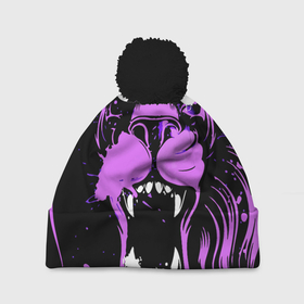 Шапка 3D c помпоном с принтом Neon pink lion в Петрозаводске, 100% полиэстер | универсальный размер, печать по всей поверхности изделия | fangs | jaw | lion | mane | muzzle | neon | nose | грива | клыки | лев | неон | нос | пасть