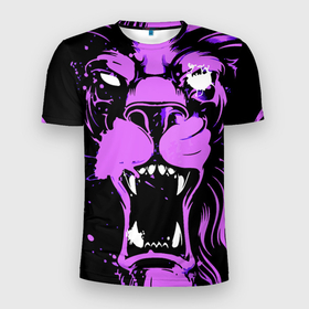 Мужская футболка 3D Slim с принтом Neon pink lion в Курске, 100% полиэстер с улучшенными характеристиками | приталенный силуэт, круглая горловина, широкие плечи, сужается к линии бедра | fangs | jaw | lion | mane | muzzle | neon | nose | грива | клыки | лев | неон | нос | пасть