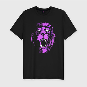 Мужская футболка хлопок Slim с принтом Neon vanguard lion в Тюмени, 92% хлопок, 8% лайкра | приталенный силуэт, круглый вырез ворота, длина до линии бедра, короткий рукав | fangs | jaw | lion | mane | muzzle | neon | nose | грива | клыки | лев | неон | нос | пасть