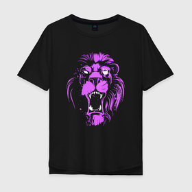 Мужская футболка хлопок Oversize с принтом Neon vanguard lion в Санкт-Петербурге, 100% хлопок | свободный крой, круглый ворот, “спинка” длиннее передней части | fangs | jaw | lion | mane | muzzle | neon | nose | грива | клыки | лев | неон | нос | пасть