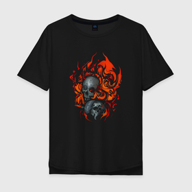 Мужская футболка хлопок Oversize с принтом Inferno   Инферно в Петрозаводске, 100% хлопок | свободный крой, круглый ворот, “спинка” длиннее передней части | fire | flame | ад | инферно | монстр | огонь | пламя | череп