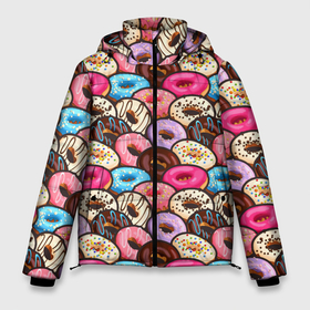 Мужская зимняя куртка 3D с принтом Sweet donut s в Кировске, верх — 100% полиэстер; подкладка — 100% полиэстер; утеплитель — 100% полиэстер | длина ниже бедра, свободный силуэт Оверсайз. Есть воротник-стойка, отстегивающийся капюшон и ветрозащитная планка. 

Боковые карманы с листочкой на кнопках и внутренний карман на молнии. | Тематика изображения на принте: confetti | donut | donuts | glaze | powder | shugar | sweet | глазурь | конфетти | пончик | пончики | пудра | сахар | сладкий