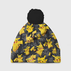 Шапка 3D c помпоном с принтом Пикачу паттерн   Pikachu pattern в Тюмени, 100% полиэстер | универсальный размер, печать по всей поверхности изделия | Тематика изображения на принте: anime | pikachu | pokemon | аниме | кетчум | манга | пикачу | покемон